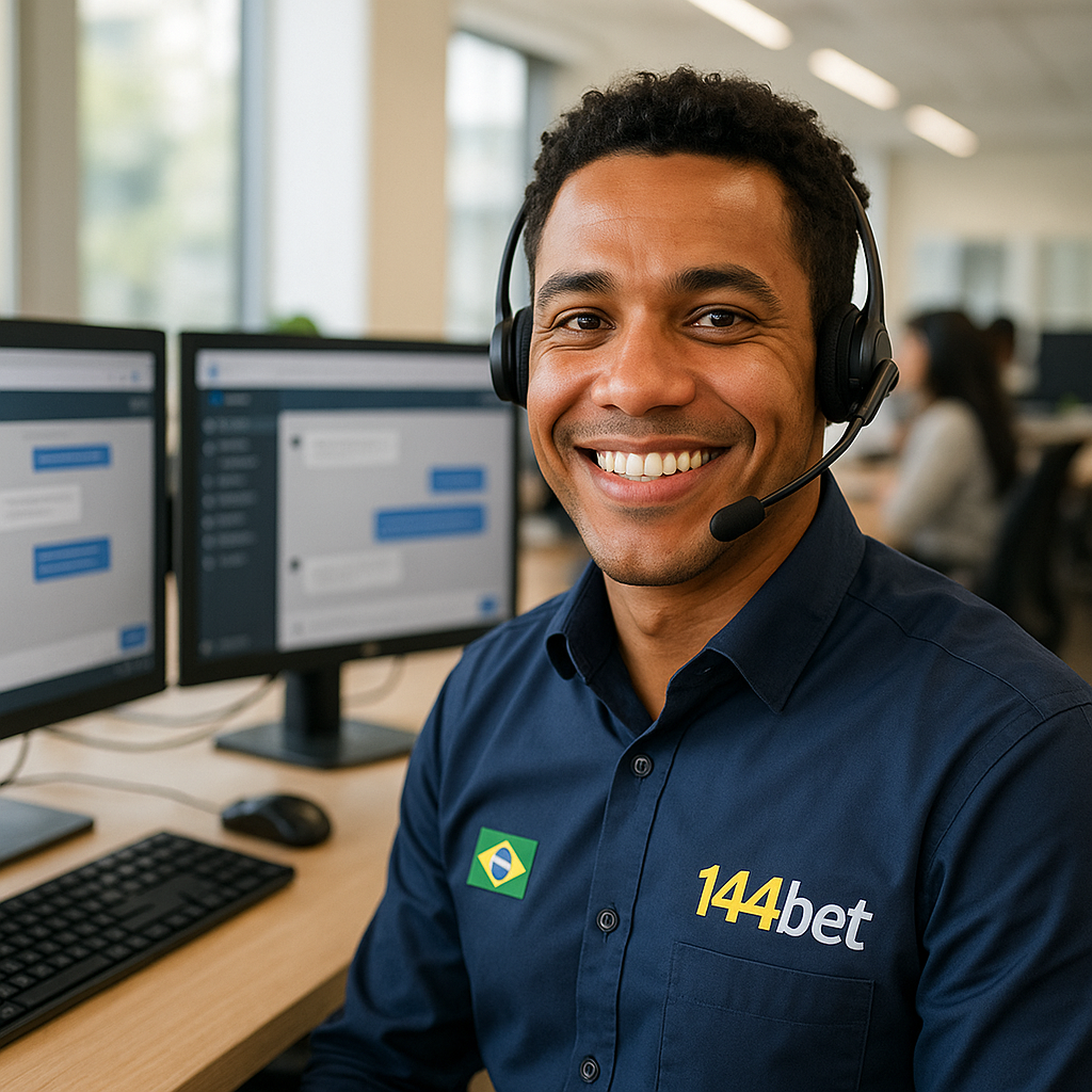 Suporte ao cliente 144bet - Atendente brasileiro sorridente com headset